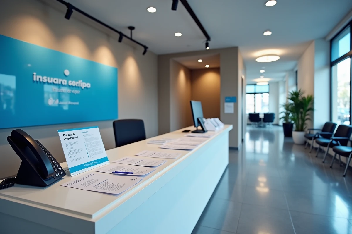 Accueil d'une agence d'assurance avec comptoir, brochures et panneau de contact représentant un point de service client ACM IARD