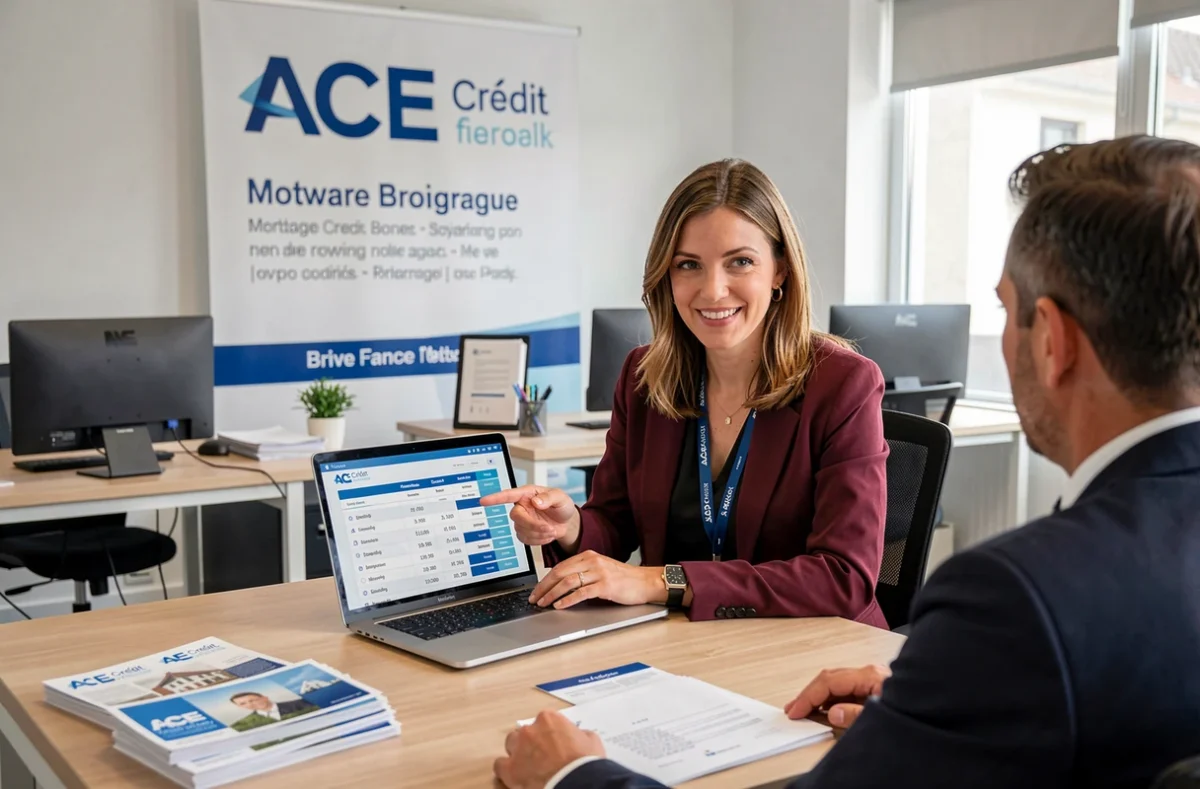 Conseillère ACE Crédit Brive guidant un client devant un écran affichant des tableaux de taux de crédit immobilier