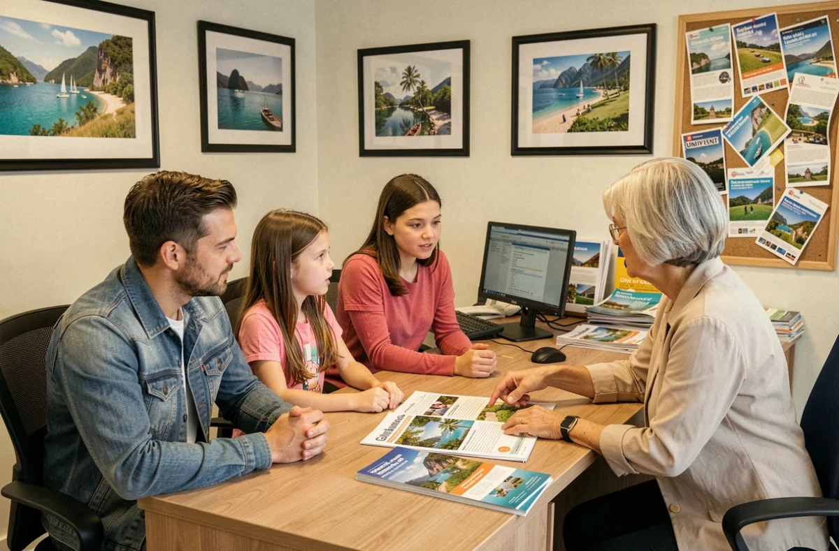 Famille avec deux enfants en réunion avec une conseillère en agence de voyage pour choisir une assurance familiale