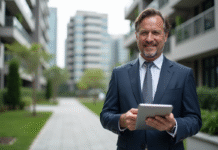 Agent immobilier homme en costume dans un quartier résidentiel