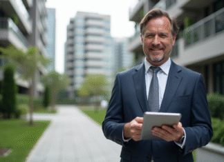 Immobilier : quelle est la rentabilité des différents secteurs ? Agent immobilier homme en costume dans un quartier résidentiel