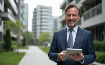 Immobilier : quelle est la rentabilité des différents secteurs ? Agent immobilier homme en costume dans un quartier résidentiel