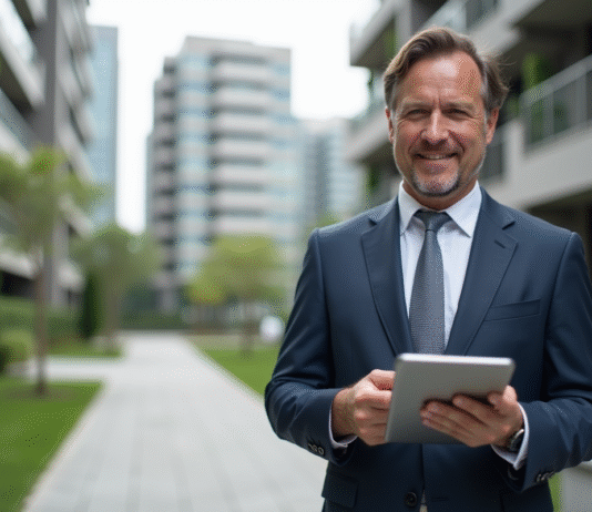 Immobilier : quelle est la rentabilité des différents secteurs ? Agent immobilier homme en costume dans un quartier résidentiel