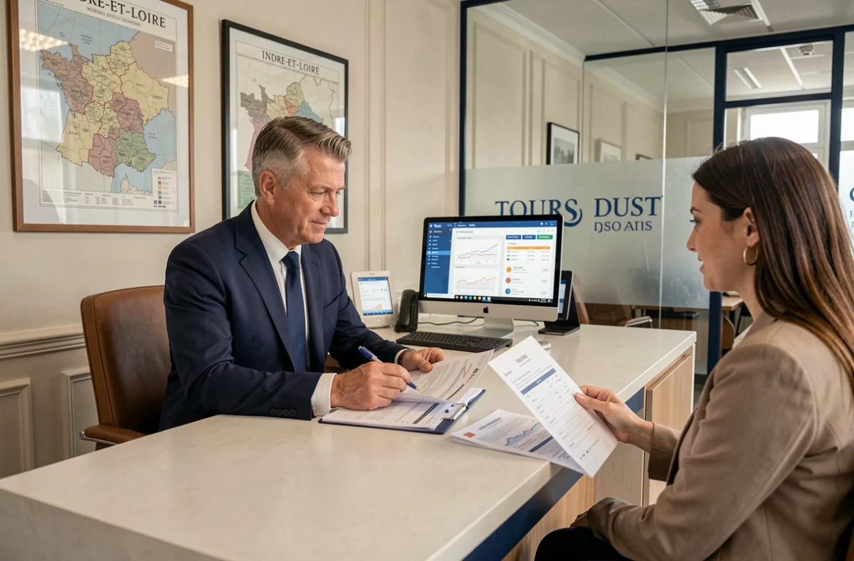 Courtier en assurance auto Allègre Assurances à Tours conseillant un couple dans un bureau professionnel