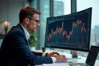 Homme d'âge moyen analysant des graphiques boursiers sur un grand écran