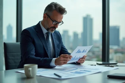 Analyste financier examinant l'historique des dividendes de l'action Total dans un bureau moderne