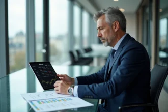 Analyste financier examinant les performances boursières de Kering avec graphiques et données de rendement sur tablette dans un bureau parisien moderne