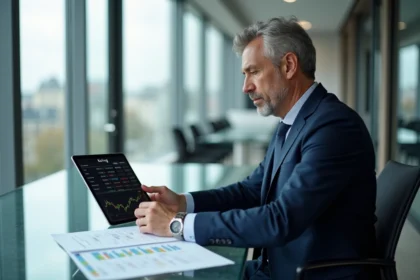 Analyste financier examinant les performances boursières de Kering avec graphiques et données de rendement sur tablette dans un bureau parisien moderne