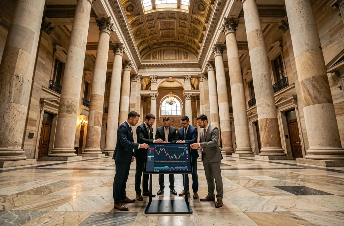Analystes financiers consultant les données de marché dans le Palais Brongniart à Paris