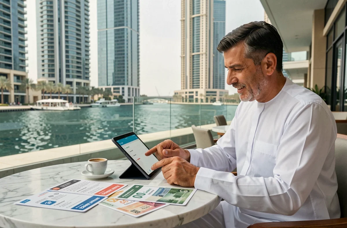 Homme consultant une application bancaire et des taux de change à une terrasse de Dubaï Marina
