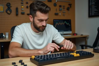 Homme assemblant un clavier mécanique avec des touches dorées inspirées du coloris GMK Fortune sur un bureau en bois minimaliste