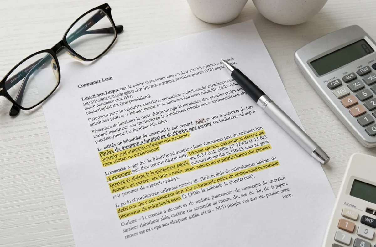 Gros plan sur un contrat de crédit à la consommation avec stylo et calculatrice illustrant l'assurance emprunteur