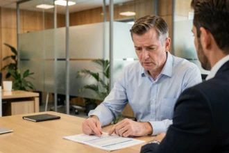 Un homme consultant un conseiller bancaire au sujet d'un crédit à la consommation et d'une assurance emprunteur