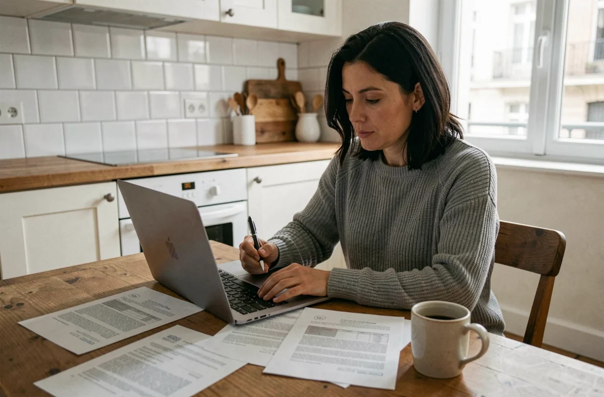 Une femme étudiant les documents d'un crédit à la consommation et les conditions d'assurance emprunteur depuis chez elle