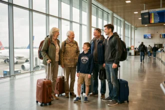 Famille multigénérationnelle avec grands-parents, parents et adolescent dans un aéroport international avant un voyage