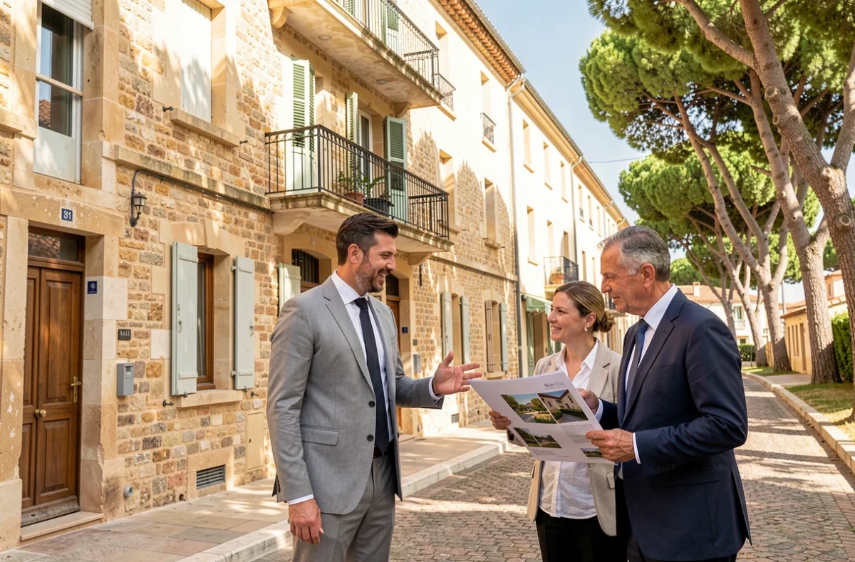 Agent d'Avenue Immobilier Montpellier présentant un bien immobilier à des investisseurs devant une résidence au Crès près de Montpellier