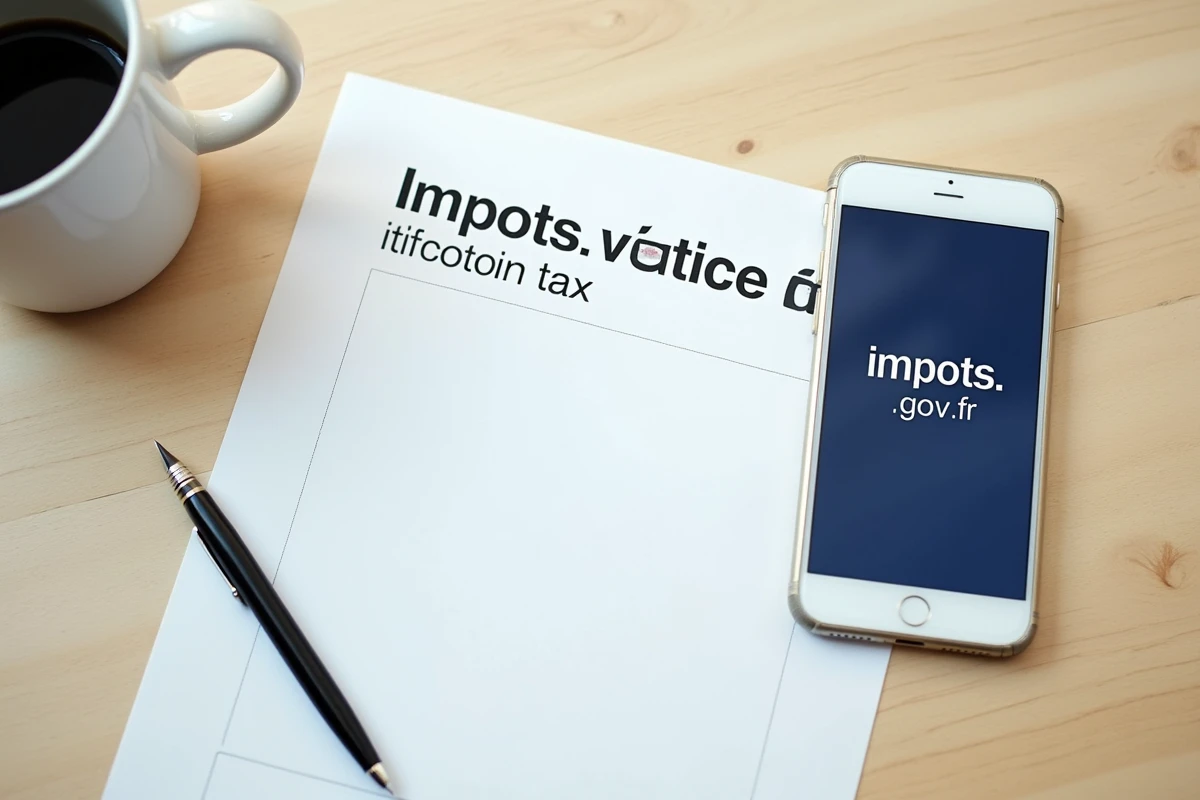 Vue de dessus d'un avis d'imposition français posé à côté d'un smartphone affichant le site impots.gouv.fr sur une table en bois