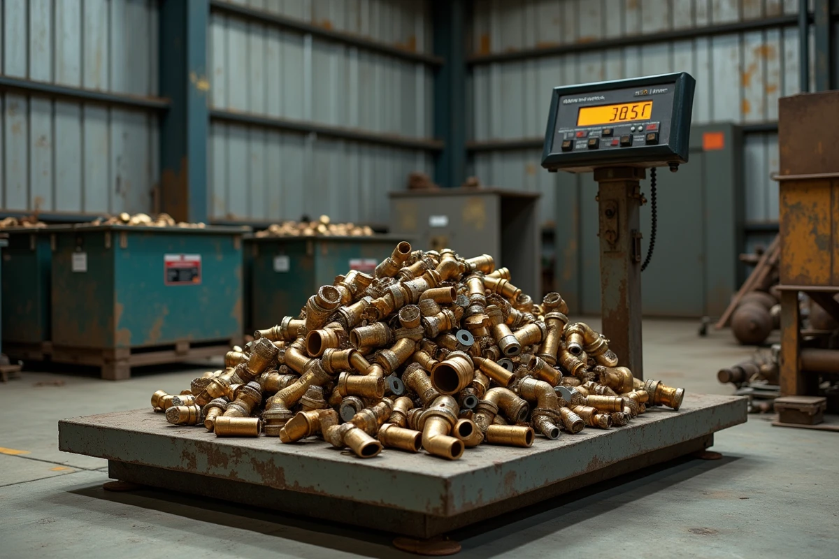 Balance industrielle avec un tas de ferraille en bronze pesé dans un dépôt de récupération