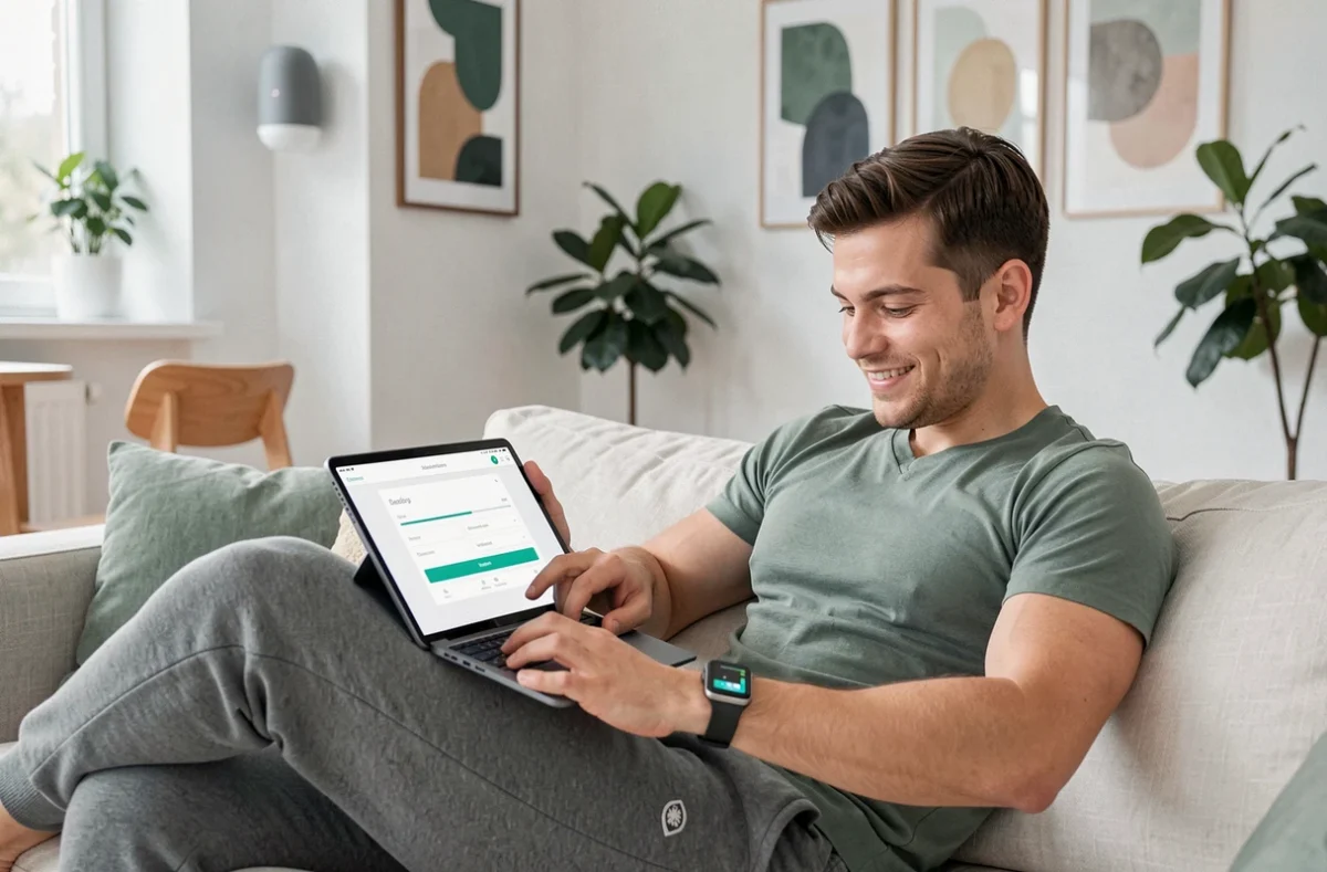 Un jeune profil connecté souscrit une assurance auto en ligne via Beezy Assurances depuis son appartement