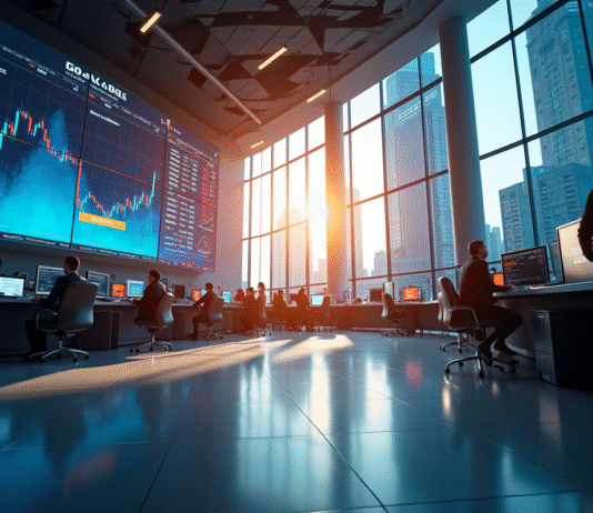 Salle de marché dynamique avec écrans de crypto et graphiques en hausse