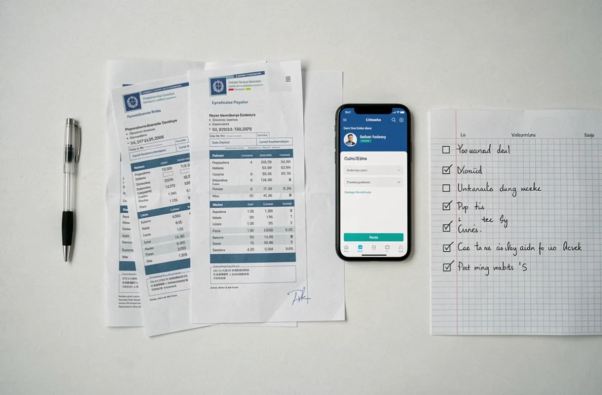 Vue aérienne de bulletins de salaire de l'éducation nationale posés sur un bureau avec checklist et smartphone