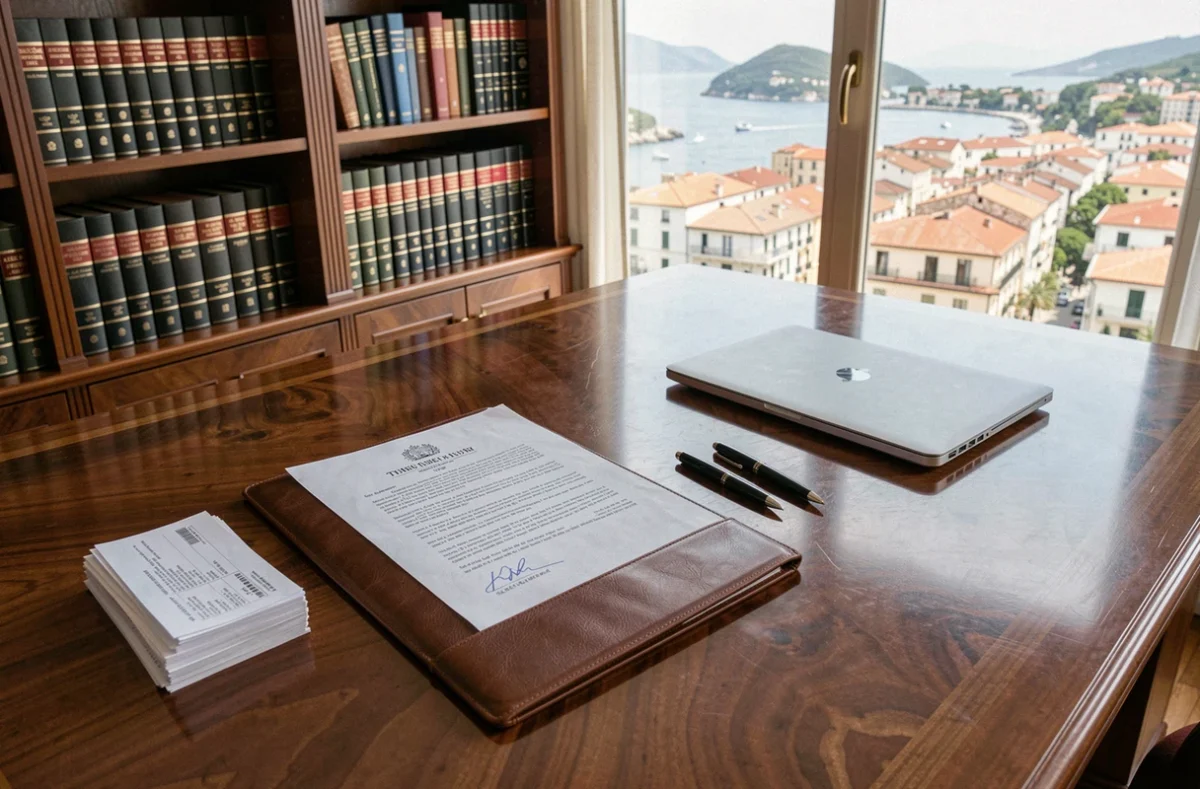 Bureau institutionnel avec documents financiers et vue sur une ville de la Côte d'Azur, symbolisant l'évaluation du patrimoine d'un homme politique