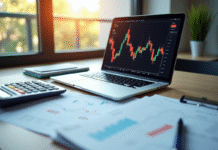Espace de travail professionnel avec graphique boursier et documents fiscaux