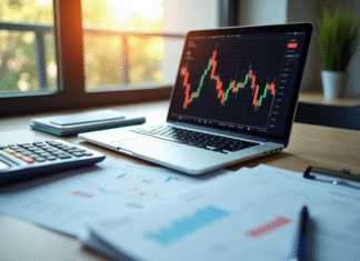 Espace de travail professionnel avec graphique boursier et documents fiscaux