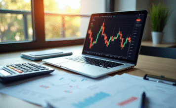 Espace de travail professionnel avec graphique boursier et documents fiscaux