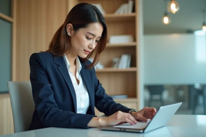 Femme d'affaires utilisant une tablette dans un bureau moderne