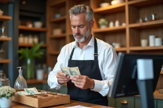 Caissier professionnel comptant des billets de banque devant une caisse enregistreuse avec une expression concentrée