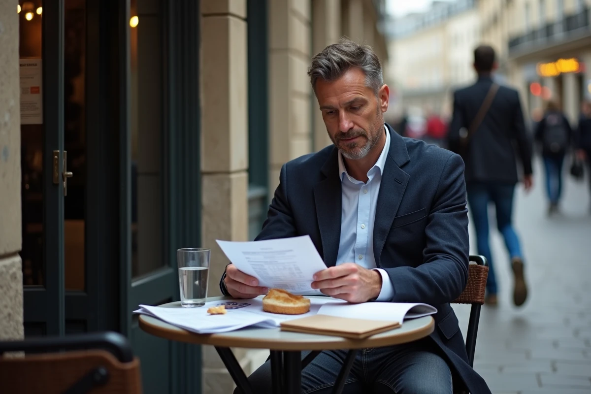 Travailleur indépendant calculant ses frais de repas déductibles avec des reçus et documents fiscaux en terrasse de café
