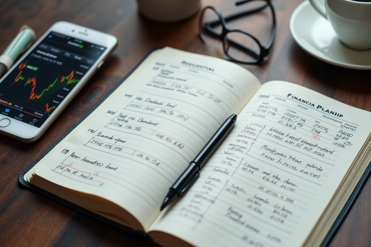 Carnet de planification financière ouvert avec notes manuscrites sur dividendes, PER et rendement boursier posé sur un bureau en noyer avec smartphone affichant un portefeuille d'actions