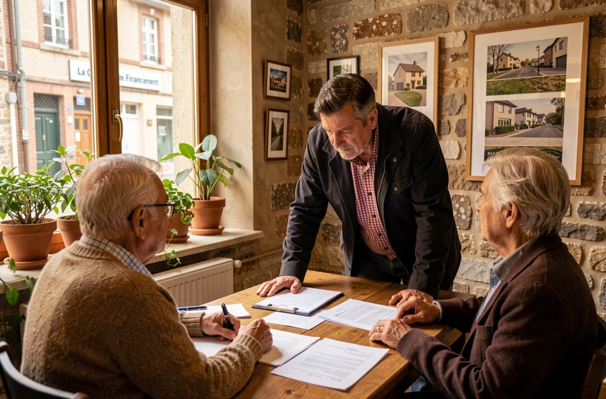 Courtier de proximité La Centrale de Financement Brive discutant d'un dossier immobilier avec un couple plus âgé dans un bureau chaleureux