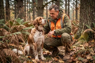 Chasseur et son chien Épagneul Breton en forêt lors d'une partie de chasse au sanglier