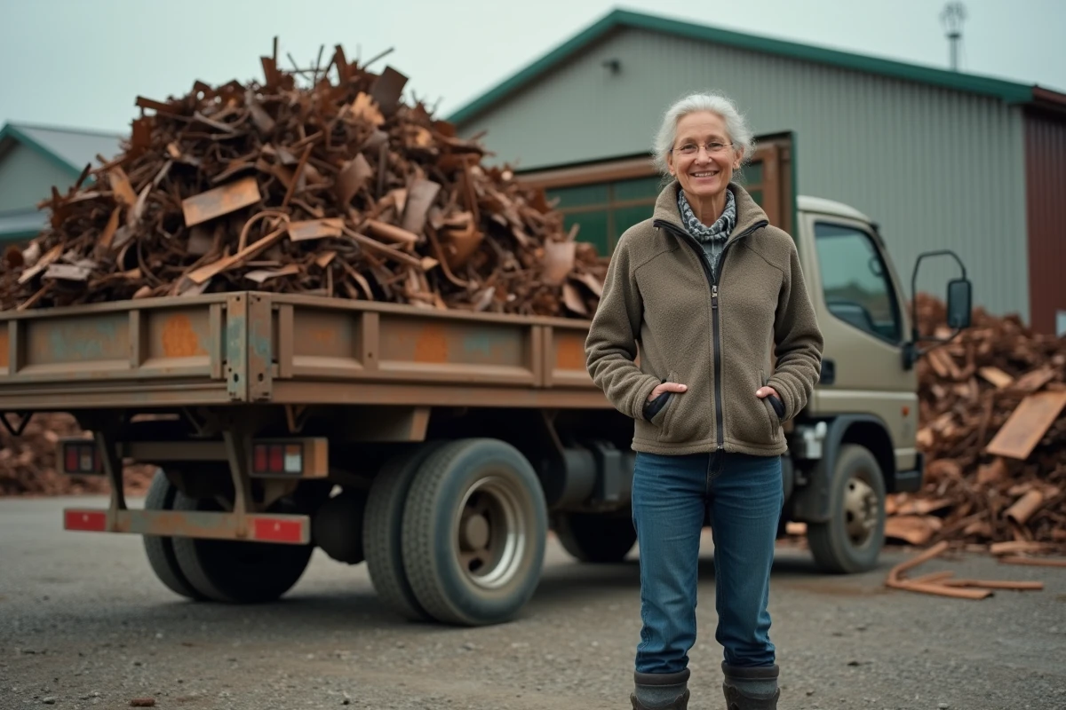 Cheffe d'entreprise avec un camion chargé de ferraille en bronze dans une casse métallurgique