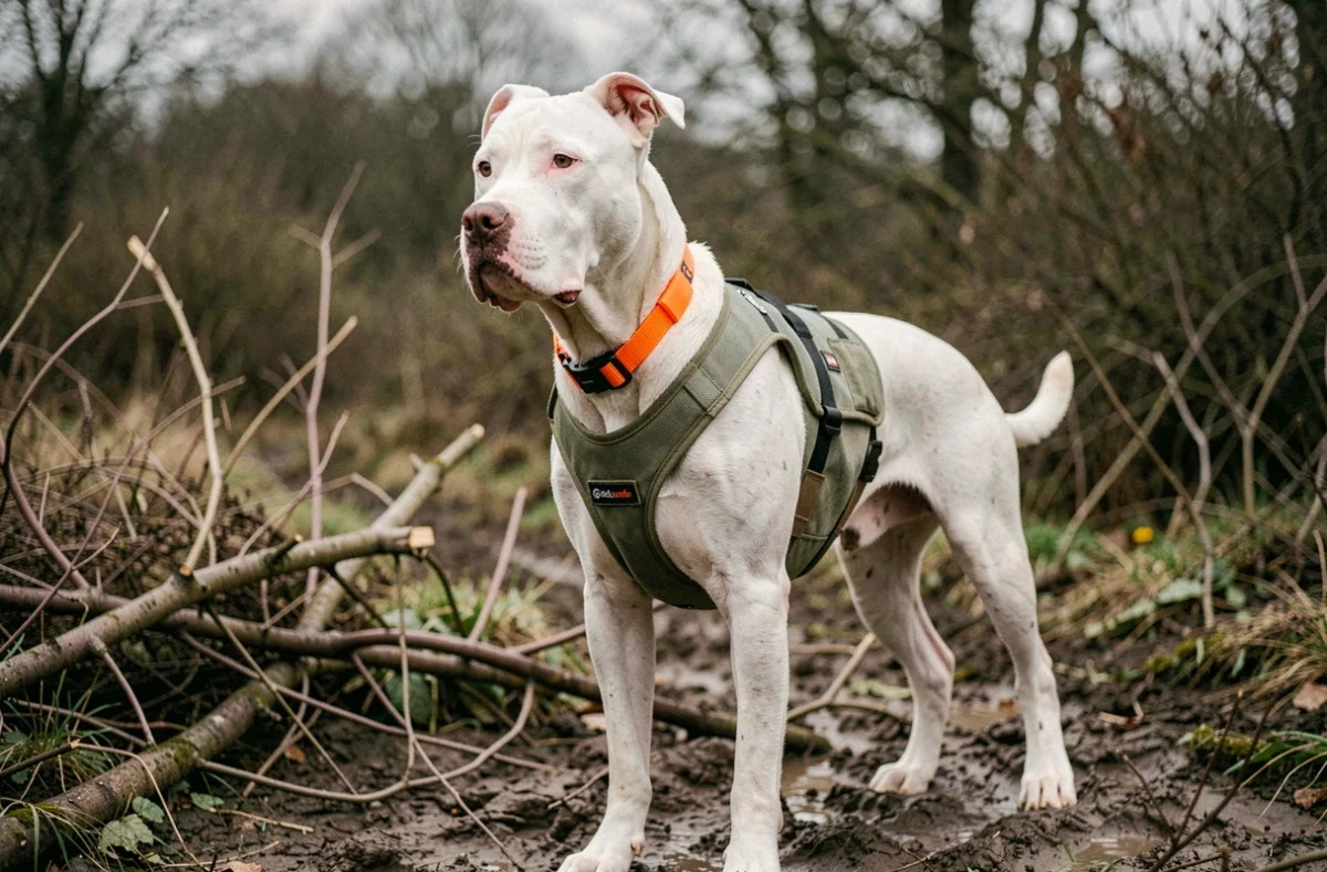 Chien de chasse Dogo Argentino équipé d'un collier GPS et gilet de protection pour la chasse au sanglier