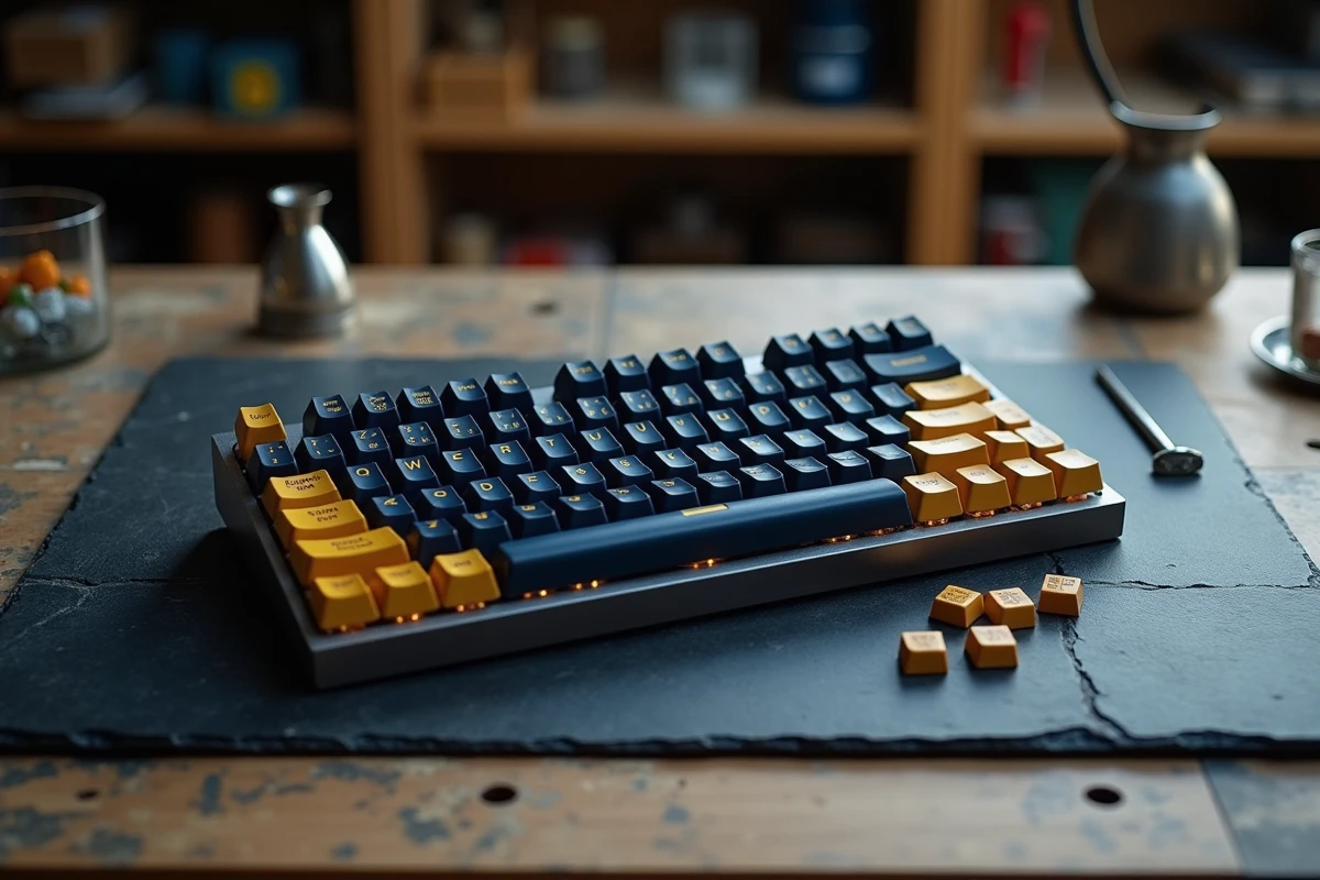 Vue en plongée d'un clavier mécanique custom avec touches dorées et bleu marine inspiré du GMK Fortune sur une surface en ardoise
