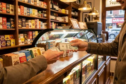 Client achetant un ticket de recharge au comptoir d'un bureau de tabac
