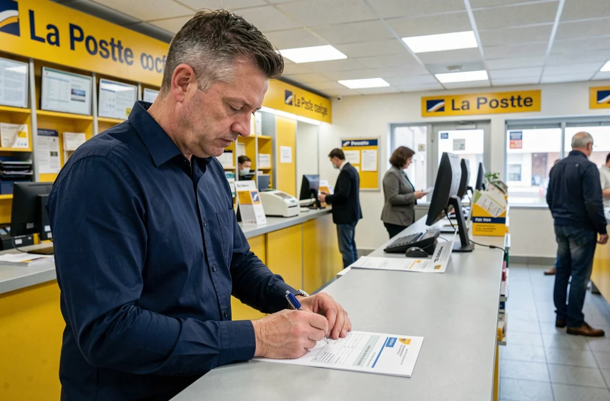 Client en agence postale remplissant un formulaire pour modifier le plafond de virement instantané à La Banque Postale