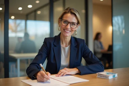 Une femme signe les documents de clôture de son Livret A au guichet d'une banque