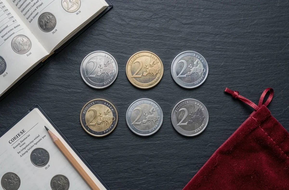 Collection de pièces de 2 euros commémoratives européennes rares disposées sur ardoise avec catalogue de valeurs