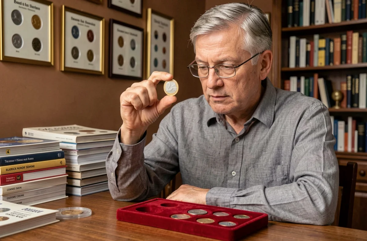 Collectionneur de pièces de monnaie examinant une pièce de 2 euros rare avec attention dans son bureau