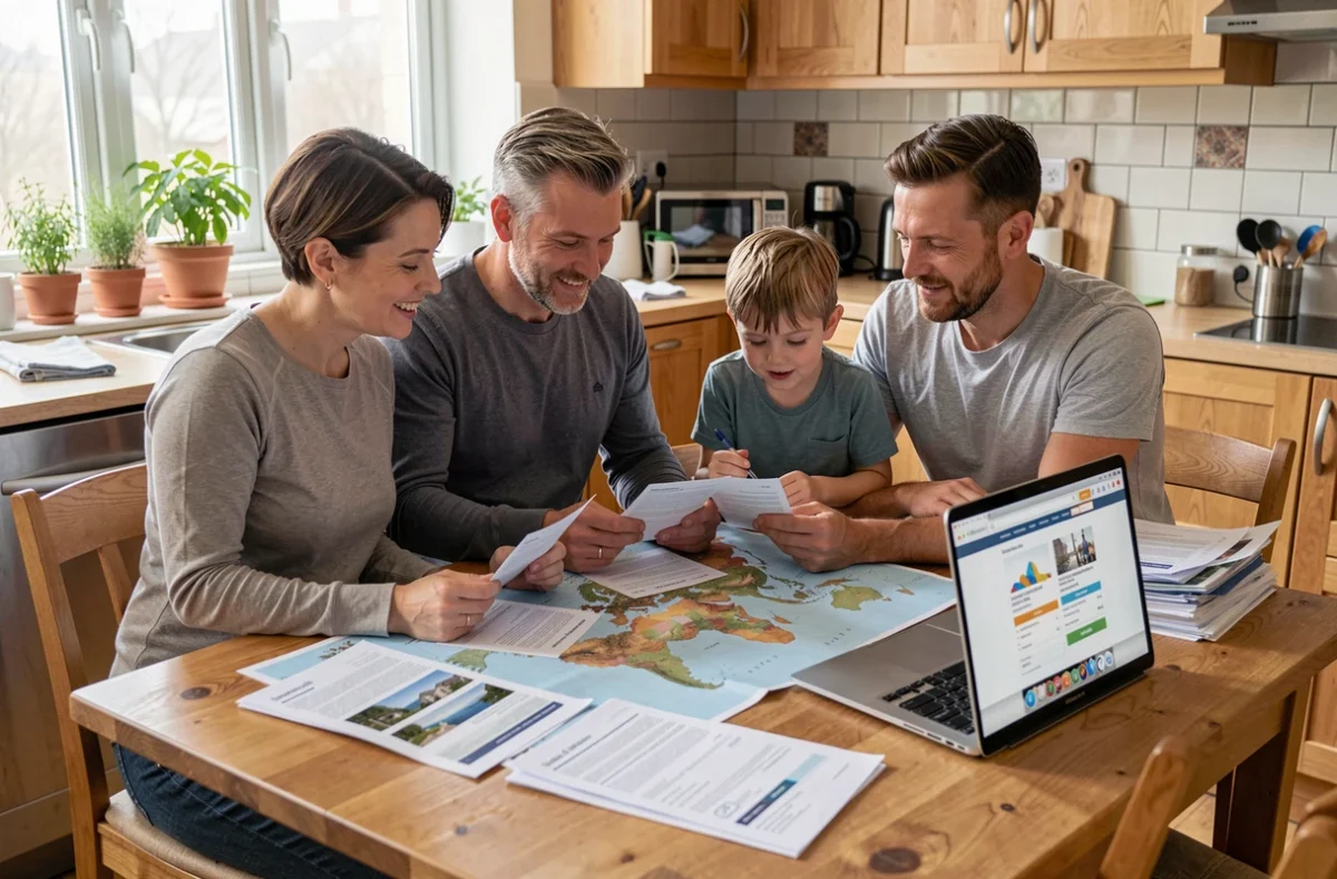 Parents et enfant consultant des documents d'assurance voyage familiale à la table de cuisine