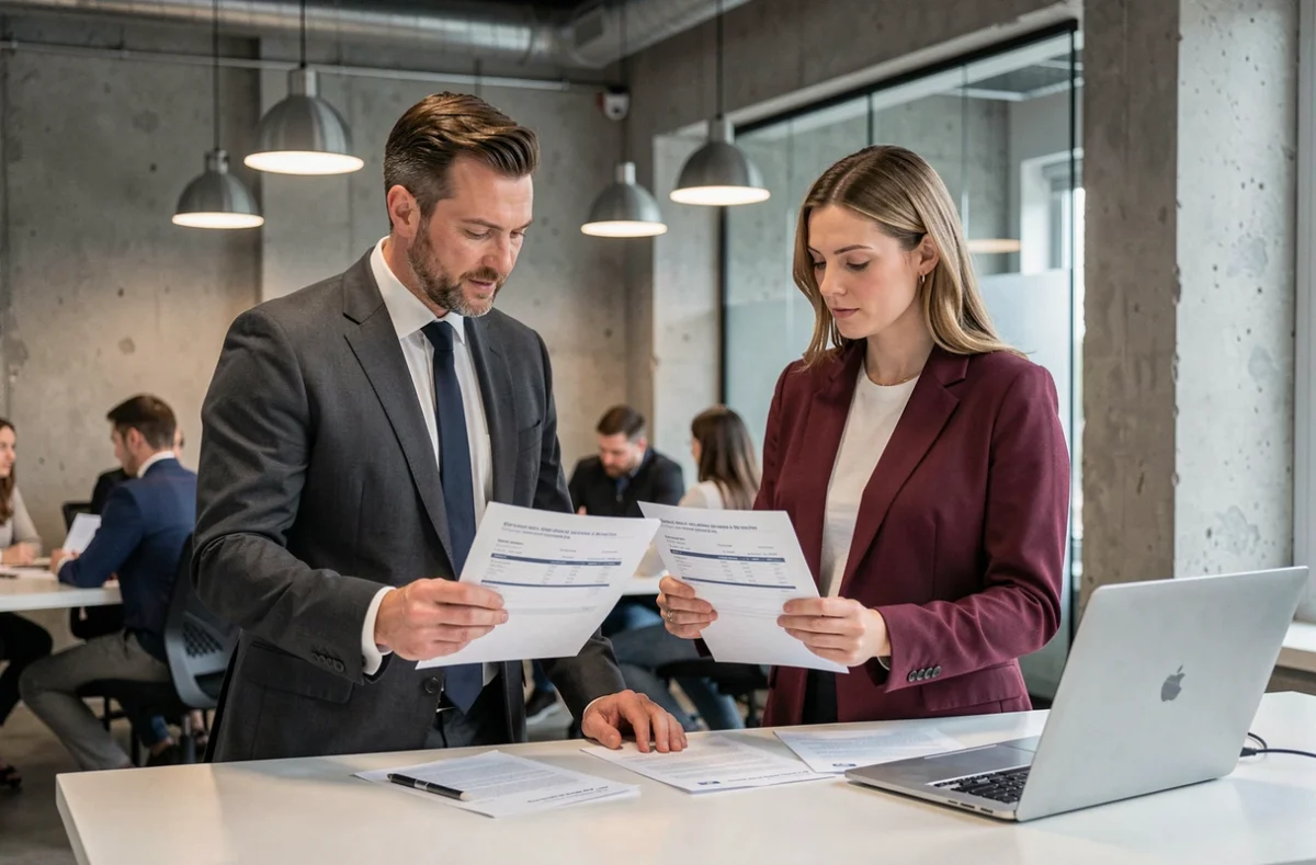 Deux professionnels comparent des devis d'assurance RC professionnelle dans un espace de coworking moderne