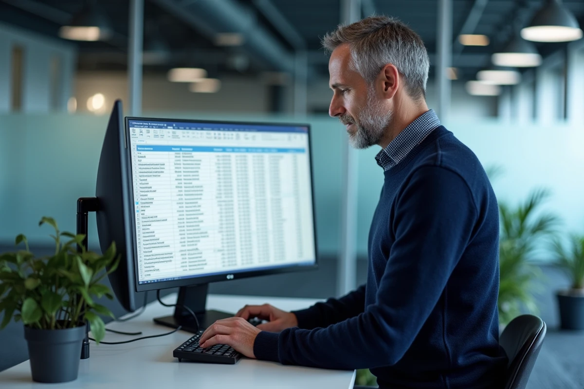 Comptable masculin travaillant sur un logiciel Excel avec un plan comptable affiché sur grand écran en cabinet