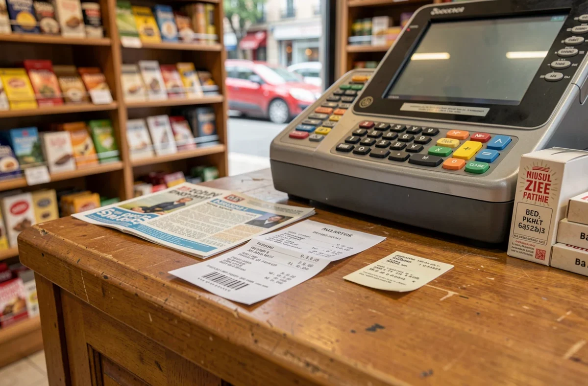 Comptoir d'un bureau de tabac avec un ticket de recharge posé sur le comptoir