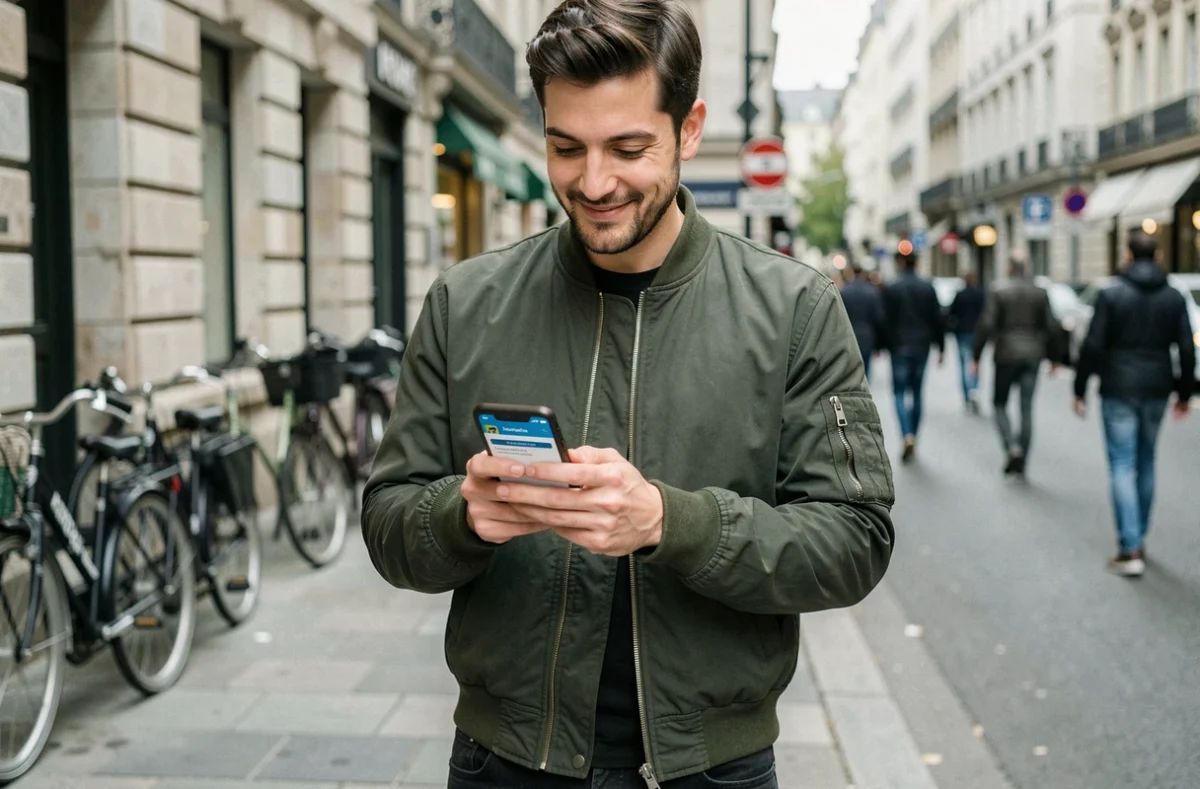 Homme consultant sa confirmation de ticket Blast Club sur smartphone dans une rue urbaine