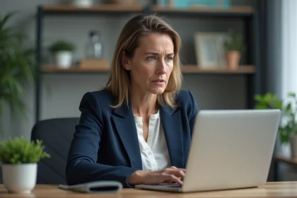 Femme frustrée devant son ordinateur portable tentant de se connecter à son espace bancaire LCL particuliers