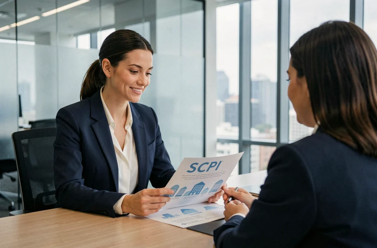 Femme investissant en SCPI lors d'un rendez-vous avec un conseiller financier en agence